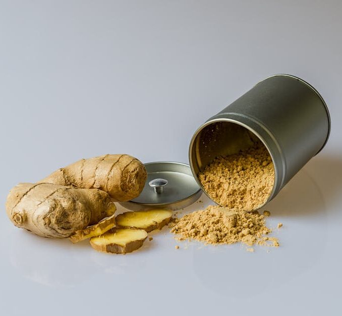 ginger-plant-asia-rhizome-161556-161556 Temperos Close-up of fresh ginger root with sliced pieces and ginger powder spilled from a metal container.